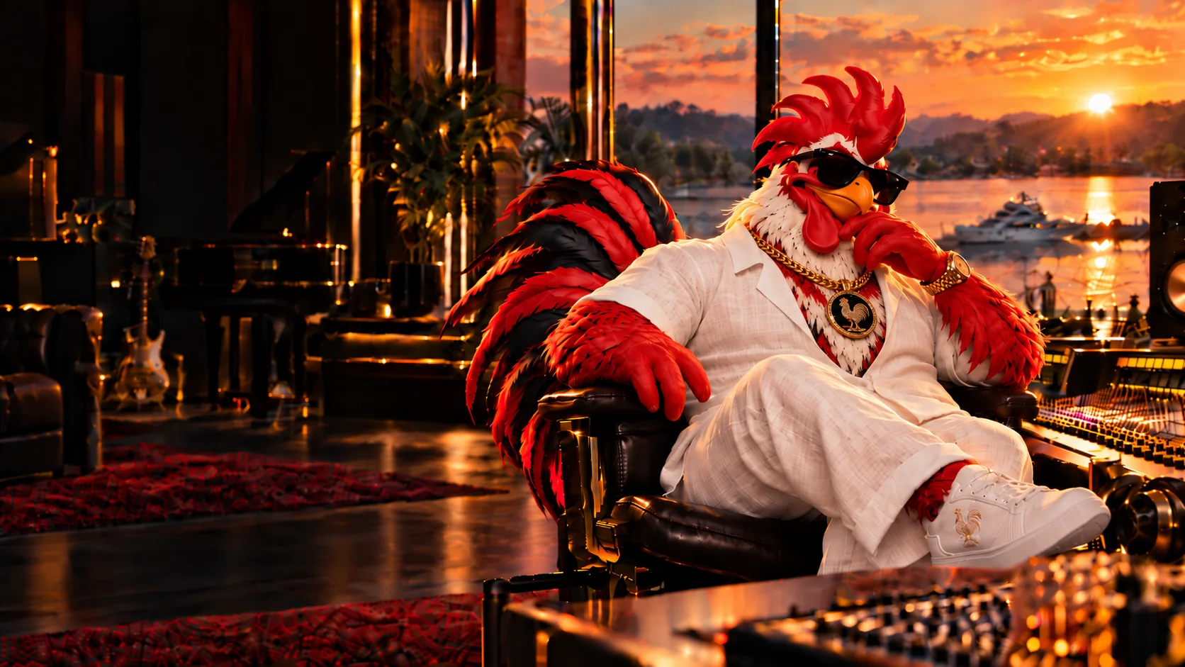 Diesel at the console in The Coop at sunset